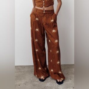 Zara SUN PRINT LINEN WIDE LEG PANTS